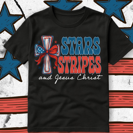 STARS STRIPES JESUS CHRIST WHT TEXT - DTF TRANSFER