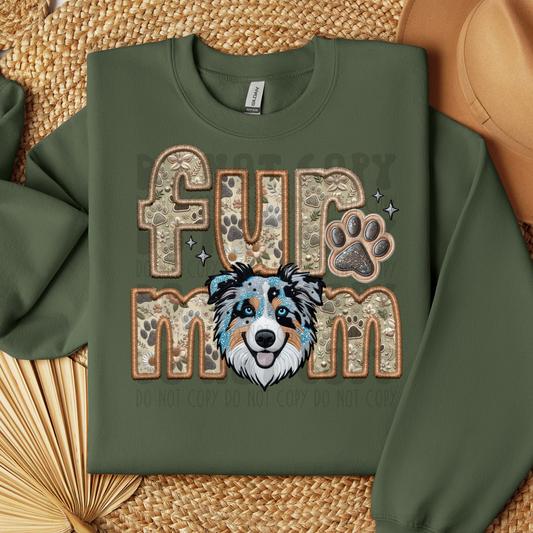FUR MOM, AUSIE SHEPHERD, BLUE MERLE - FAUX EMBROIDERY - DTF TRANSFER