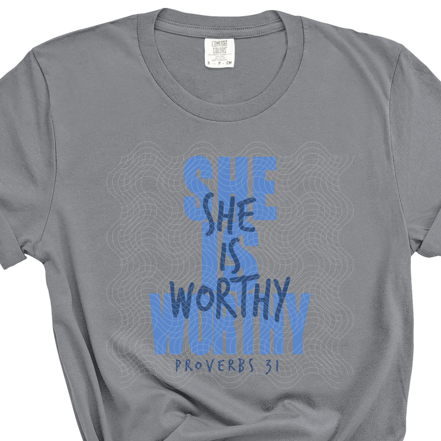 SHE IS WORTHY, BLUE/BLUE - DTF TRANSFER