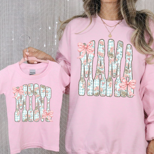 MAMA, BLUE CHECK FLORAL - DTF TRANSFER