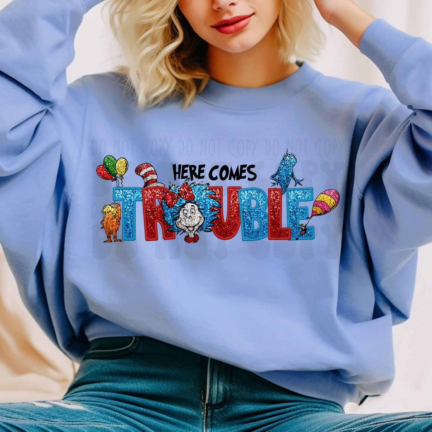 HERE COMES TROUBLE FAUX SEQUINS - DTF TRANSFER