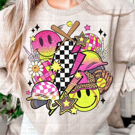 PINK SOFTBALL BOLT COLLAGE - GRUNGE EFFECT - DTF TRANSFER