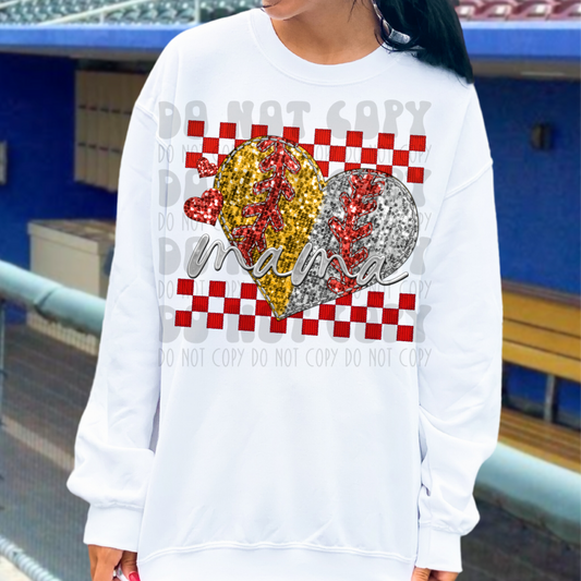 SOFTBALL/BASEBALL MAMA HEART FAUX SEQUIN - DTF TRANSFER