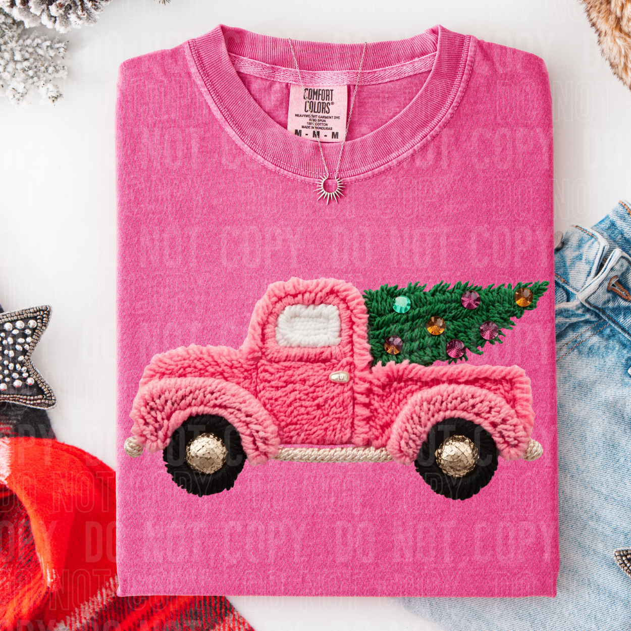 FAUX YARN, CHRISTMAS TREE PINK TRUCK - DTF TRANSFER