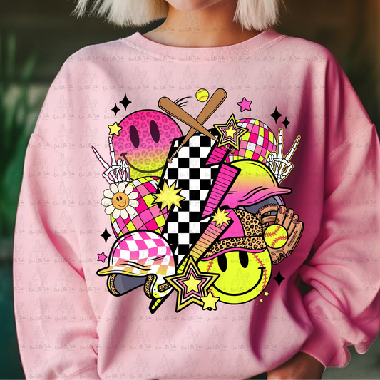 PINK SOFTBALL BOLT COLLAGE - NO GRUNGE - DTF TRANSFER
