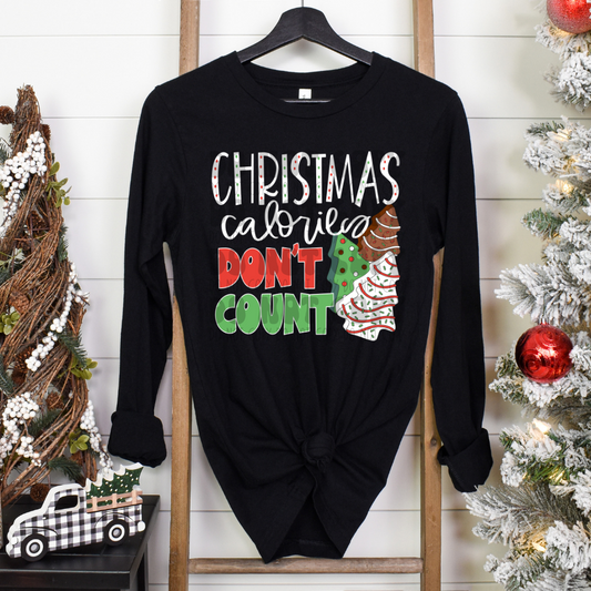 CHRISTMAS CALORIES DON'T COUNT TREE CAKES WHITE LETTERING - DTF TRANSFER