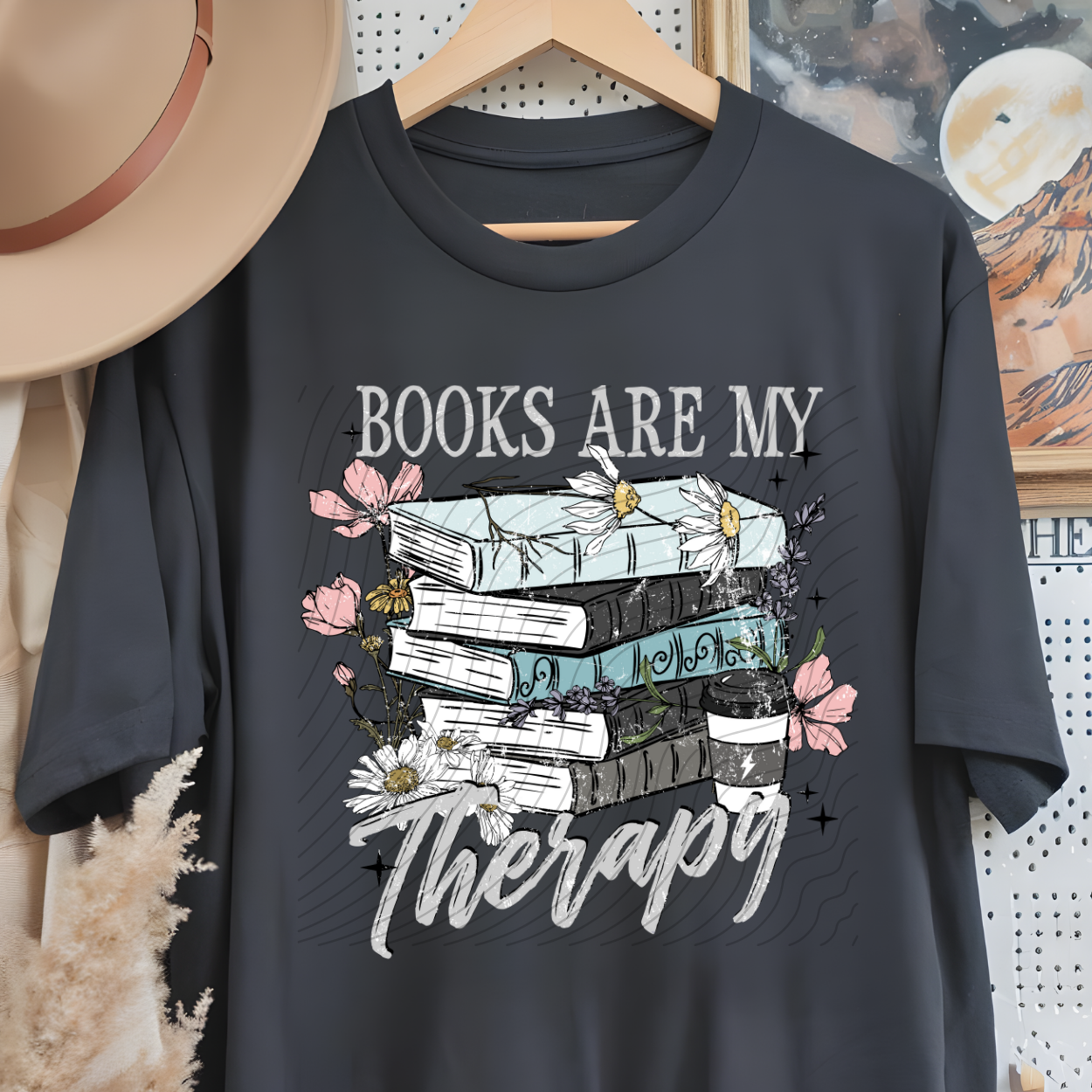 BOOKS ARE MY THERAPY LIGHT TEXT - DTF TRANSFER