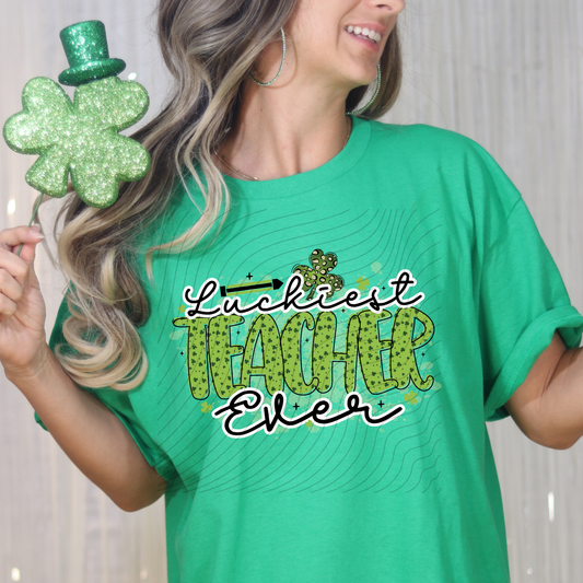 LUCKIEST TEACHER GREEN CLOVER FILLED - DTF TRANSFER