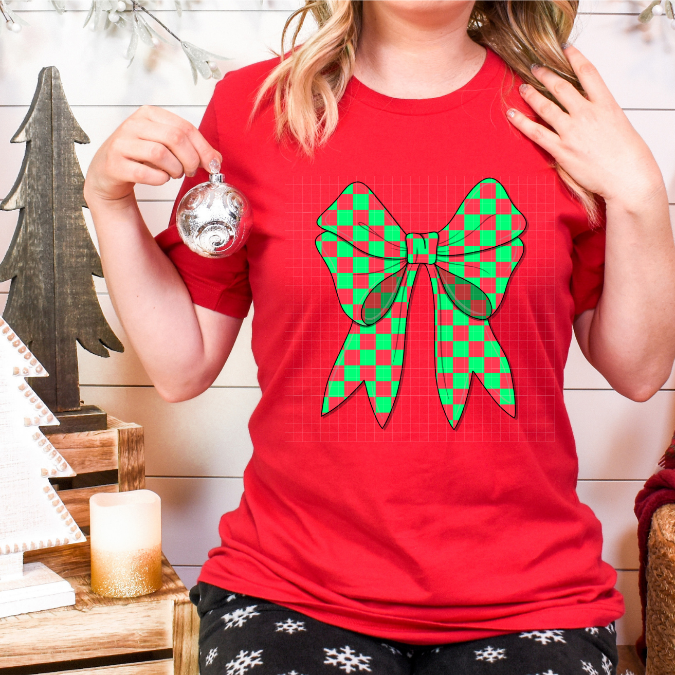 GREEN/RED CHECKER BOW - DTF TRANSFER