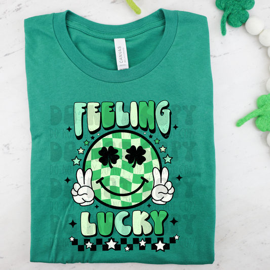 FEELING LUCKY CHECKERED SMILEY DISTRESSED - DTF TRANSFER
