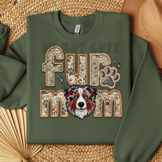 FUR MOM, AUSIE SHEPHERD, GREY & RED MERLE - FAUX EMBROIDERY - DTF TRANSFER