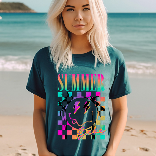 SUMMER BABE SMILE CHECKERED PINK/ORANGE/GREEN - DTF TRANSFER