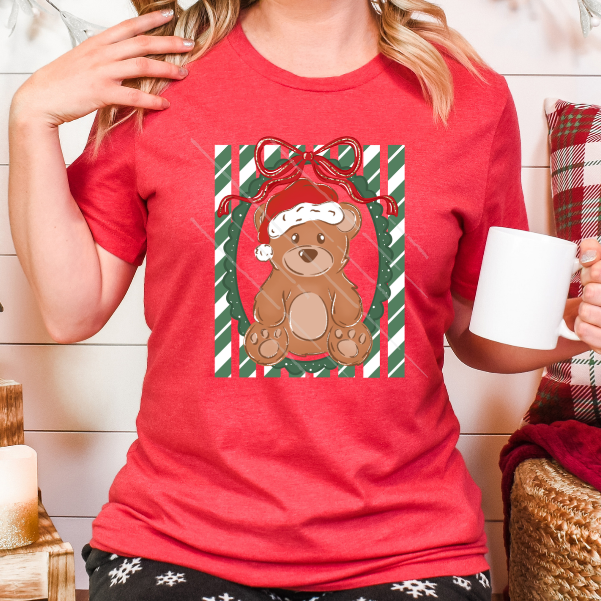 CHRISTMAS BEAR FRAME GREEN STRIPES - DTF TRANSFER