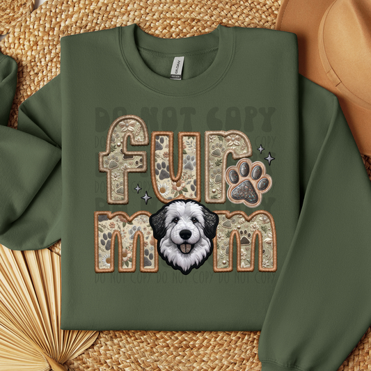 FUR MOM, ENGLISH SHEEP DOG - FAUX EMBROIDERY - DTF TRANSFER