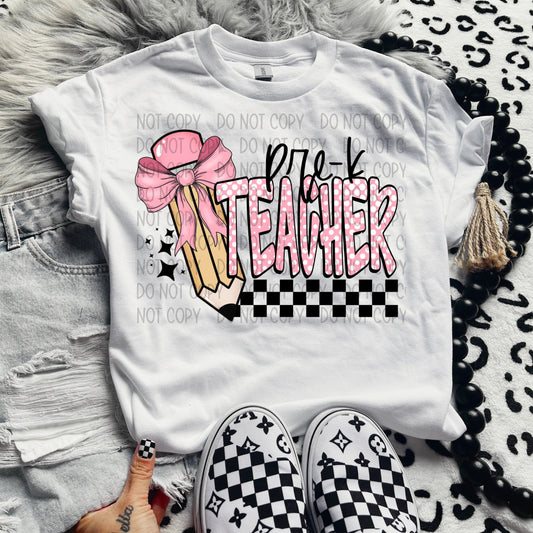 PRE-K TEACHER POLKA DOTS/CHECKERED PENCIL - DTF TRANSFER