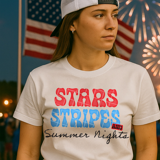 STARS STRIPES SUMMER NIGHTS BLK TEXT - DTF TRANSFER