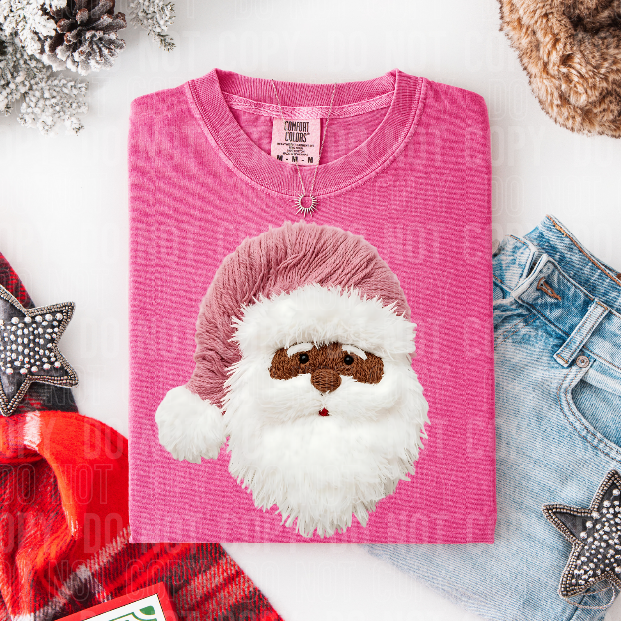 FAUX YARN SANTA, PINK HAT DARKER SKIN - DTF TRANSFER