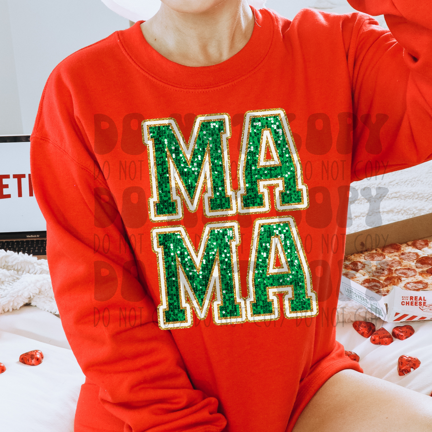 GREEN/GOLD MAMA - FAUX GLITTER/SEQUIN - DTF TRANSFER
