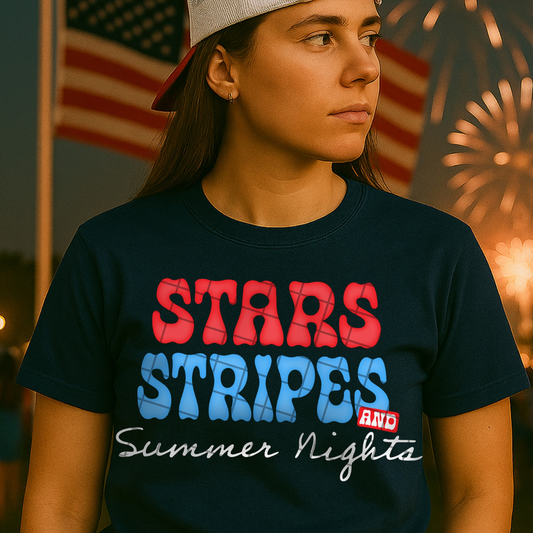 STARS STRIPES SUMMER NIGHTS WHT TEXT - DTF TRANSFER