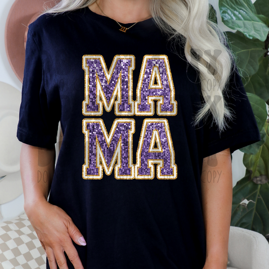 PURPLE/GOLD MAMA - FAUX GLITTER/SEQUINS - DTF TRANSFER