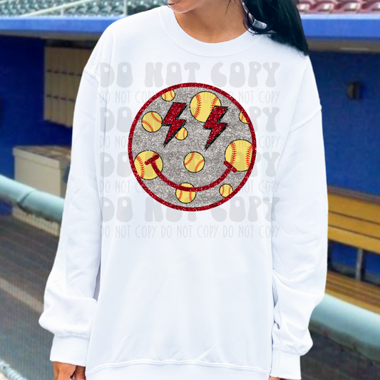 SOFTBALL FILLED SMILEY FAUX SEQUINS - DTF TRANSFER