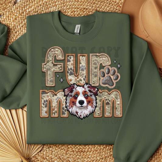 FUR MOM, AUSIE SHEPHERD, RED MERLE - FAUX EMBROIDERY - DTF TRANSFER