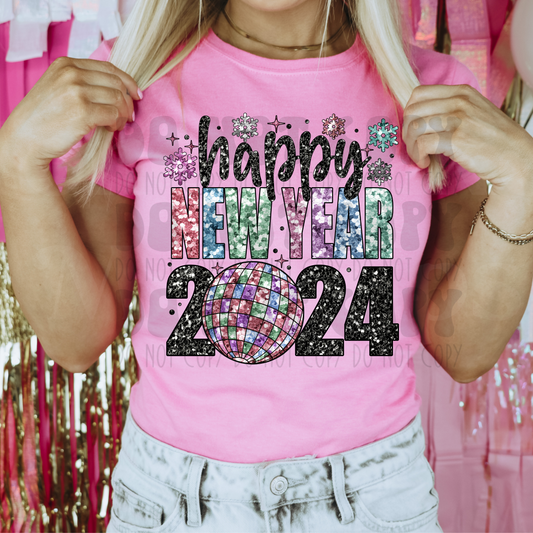 HAPPY NEW YEAR 2024 - FAUX GLITTER - DTF TRANSFER