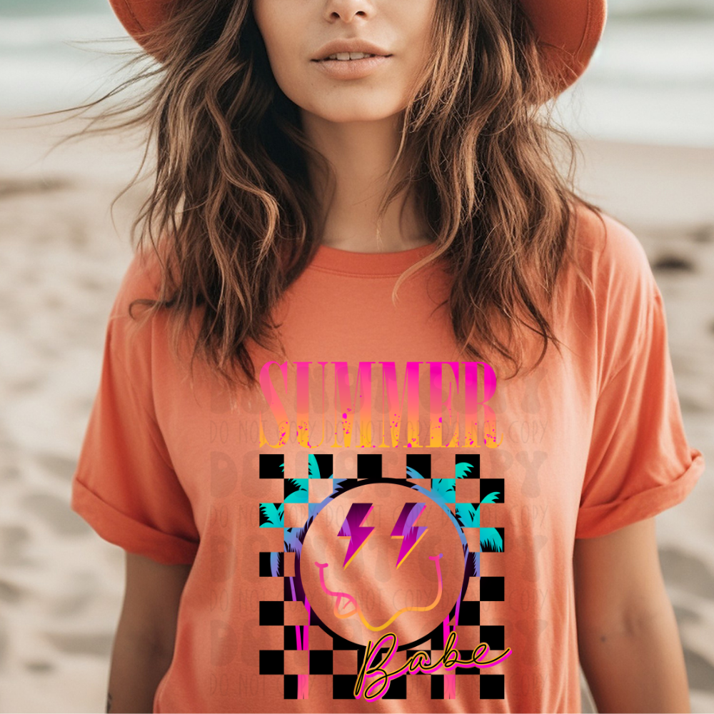 SUMMER BABE SMILE CHECKERED PINK/ORANGE - DTF TRANSFER