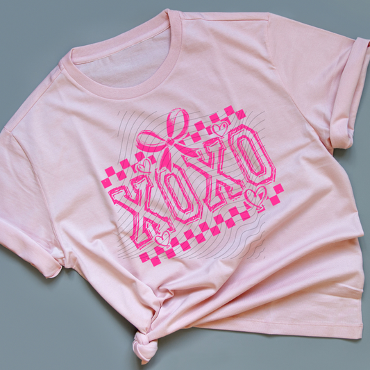 XO XO HEARTS & CHECKERED BRIGHT PINK - DTF TRANSFER