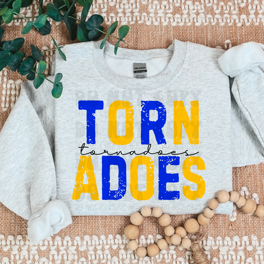 TORN-ADOES BLUE GOLD DISTRESSED - DTF TRANSFER