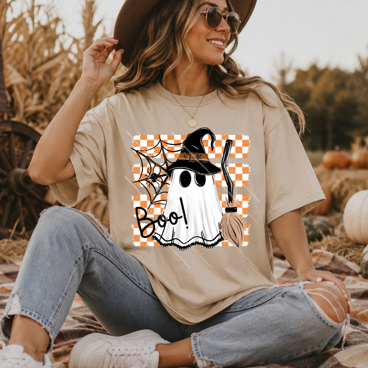 ORANGE CHECKER STRIPE GHOST - DTF TRANSFER