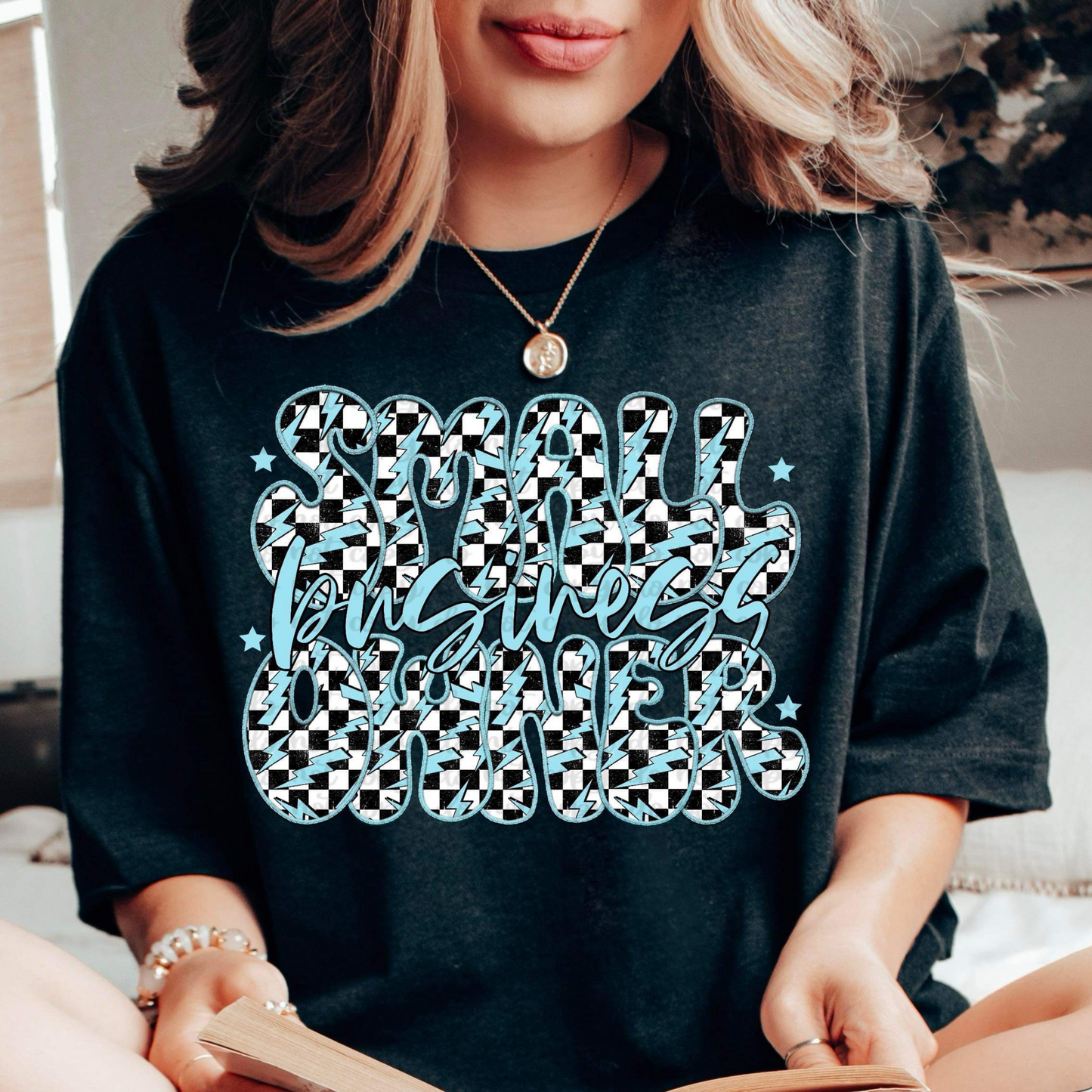SMALL BUSINESS OWNER CHECKERED TEAL - DTF TRANSFER