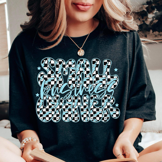 SMALL BUSINESS OWNER CHECKERED TEAL - DTF TRANSFER