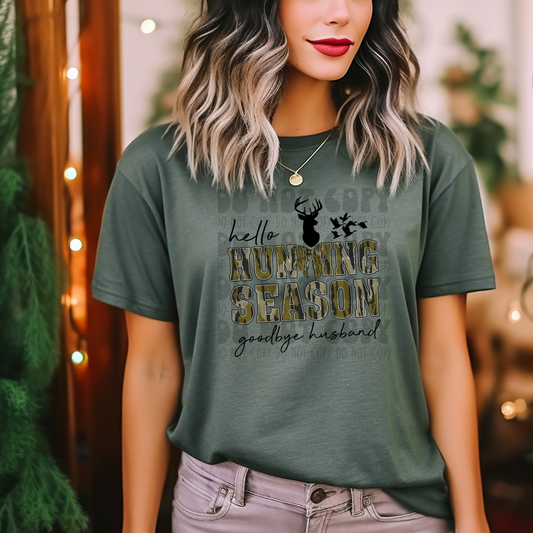 HUNTING SEASON GOODBYE HUSBAND GREEN CAMO BOW T - DTF TRANSFER