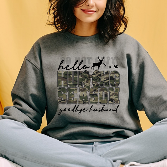 HUNTING SEASON GOODBYE HUSBAND BLACK CAMO BOW T - DTF TRANSFER