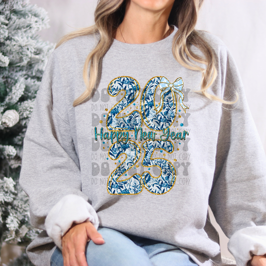HAPPY NEW YEAR 2025 BLUE FLORAL - DTF TRANSFER