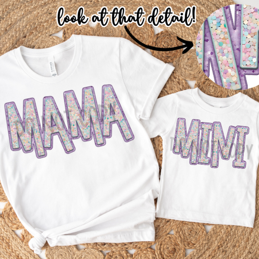 MAMA PURPLE WHITE FAUX SEQUINS - DTF TRANSFER