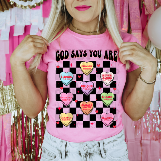 GOD SAYS HEARTS W/ BLK TOP - DTF TRANSFER