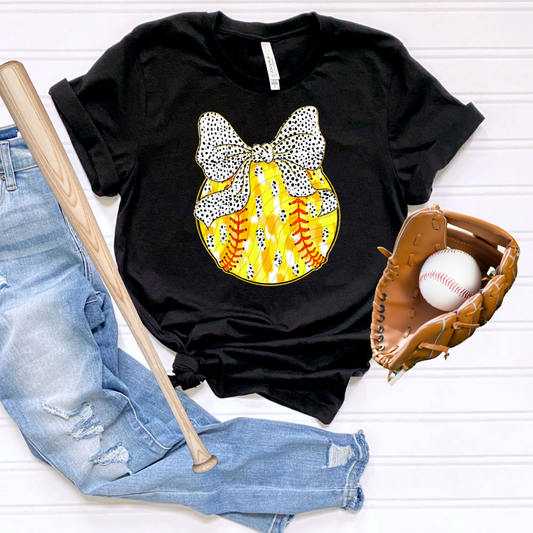 SOFTBALL BRUSHSTROKE WITH BOW - DTF TRANSFER