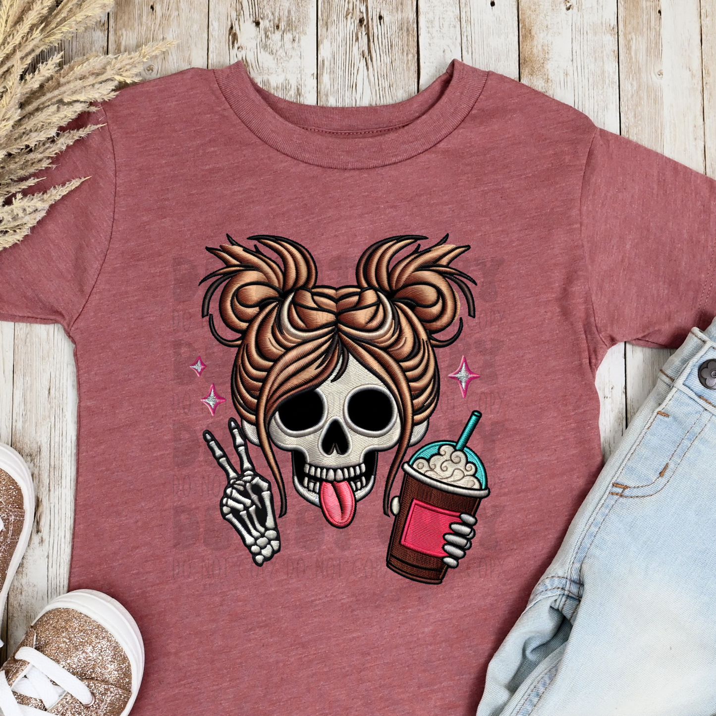 COFFEE SKELLIE FAUX EMBROIDERY - DTF TRANSFER