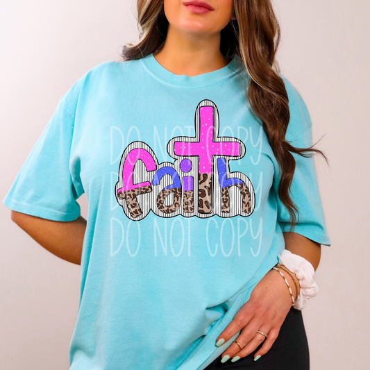 FAITH LEOPARD LETTERS STRIPED BACKGROUND - DTF TRANSFER