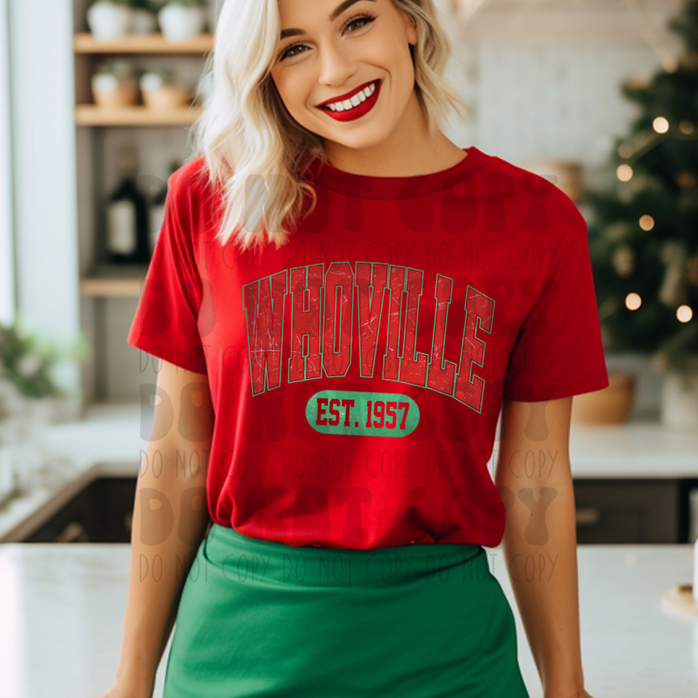 WHOVILLE RED W/ GREEN OUTLINE - DISTRESSED - DTF TRANSFER
