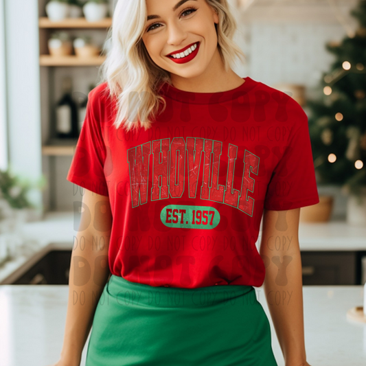 WHOVILLE RED W/ GREEN OUTLINE - DISTRESSED - DTF TRANSFER