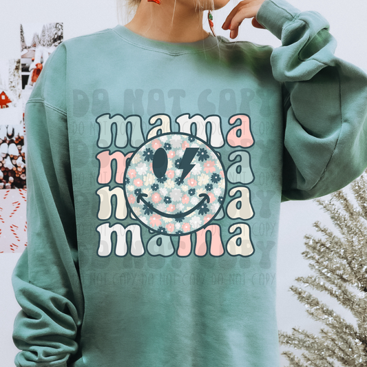 MAMA FLORAL SMILEY BLUE/PINK - DTF TRANSFER