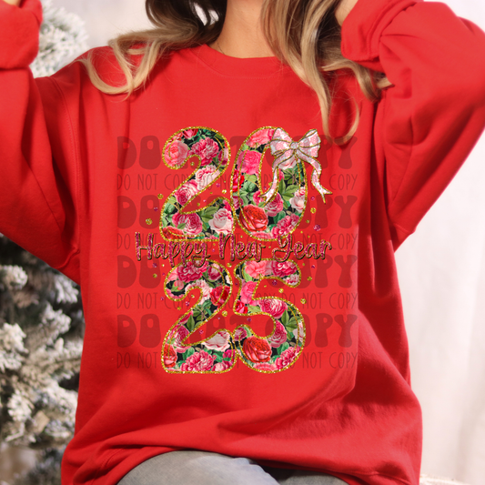 HAPPY NEW YEAR 2025 RED/PINK FLORAL - DTF TRANSFER