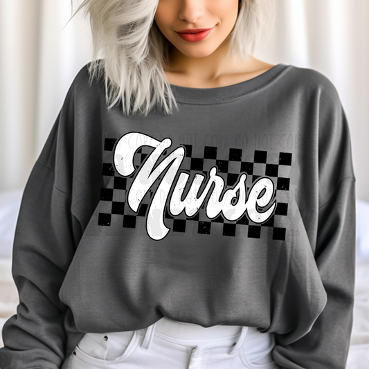 NURSE WHT DISTRESSED CHECKERED BACKGROUND - DTF TRANSFER