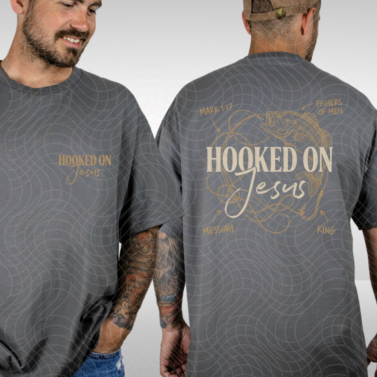 HOOKED ON JESUS LIGHT TEXT, W/ POCKET - DTF TRANSFER