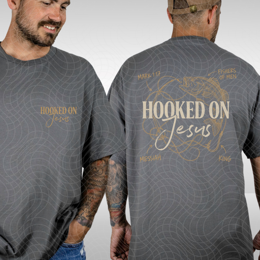 HOOKED ON JESUS LIGHT TEXT, W/ POCKET - DTF TRANSFER