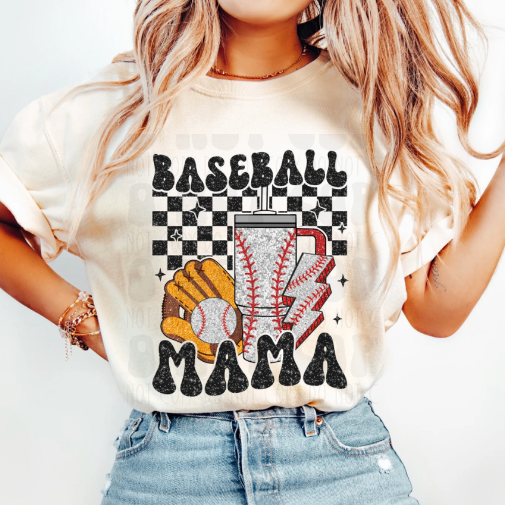 BASEBALL MAMA WITH CUP FAUX GLITTER - DTF TRANSFER