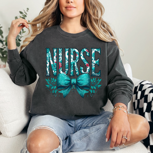 NURSE TEAL WITH BOW - DTF TRANSFER